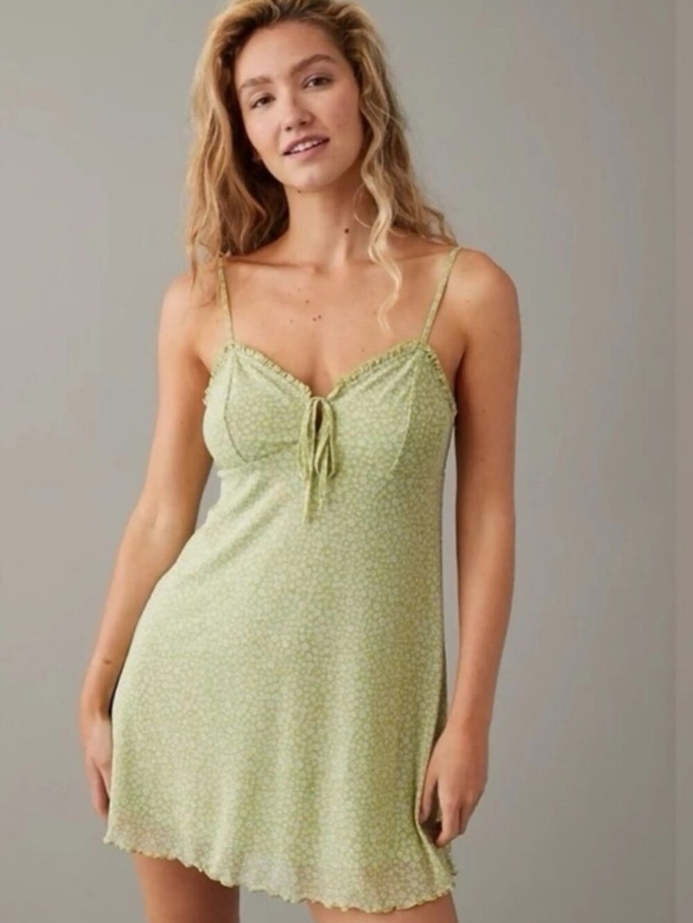 M American Eagle Outfitters Green White Floral Spring 90s Spaghetti Strap Dress